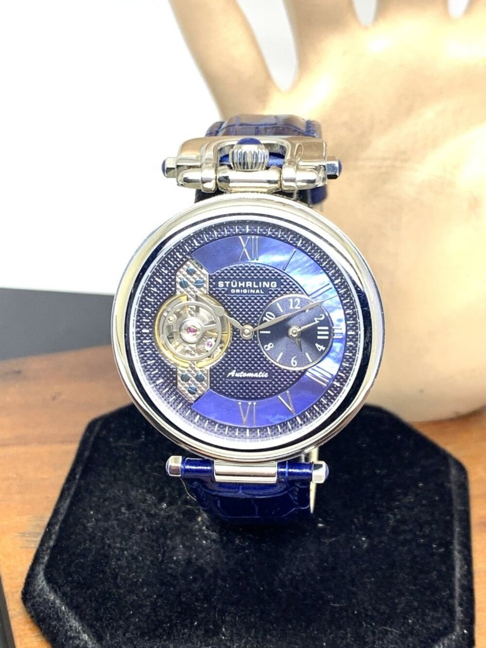 Stuhrling Men's Watch ST-90311 Emperor Automatic Blue Dial Leather Band 41mm